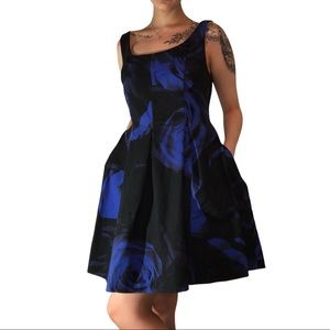 GAP Fit and Flare Blue and Black Rose Dress